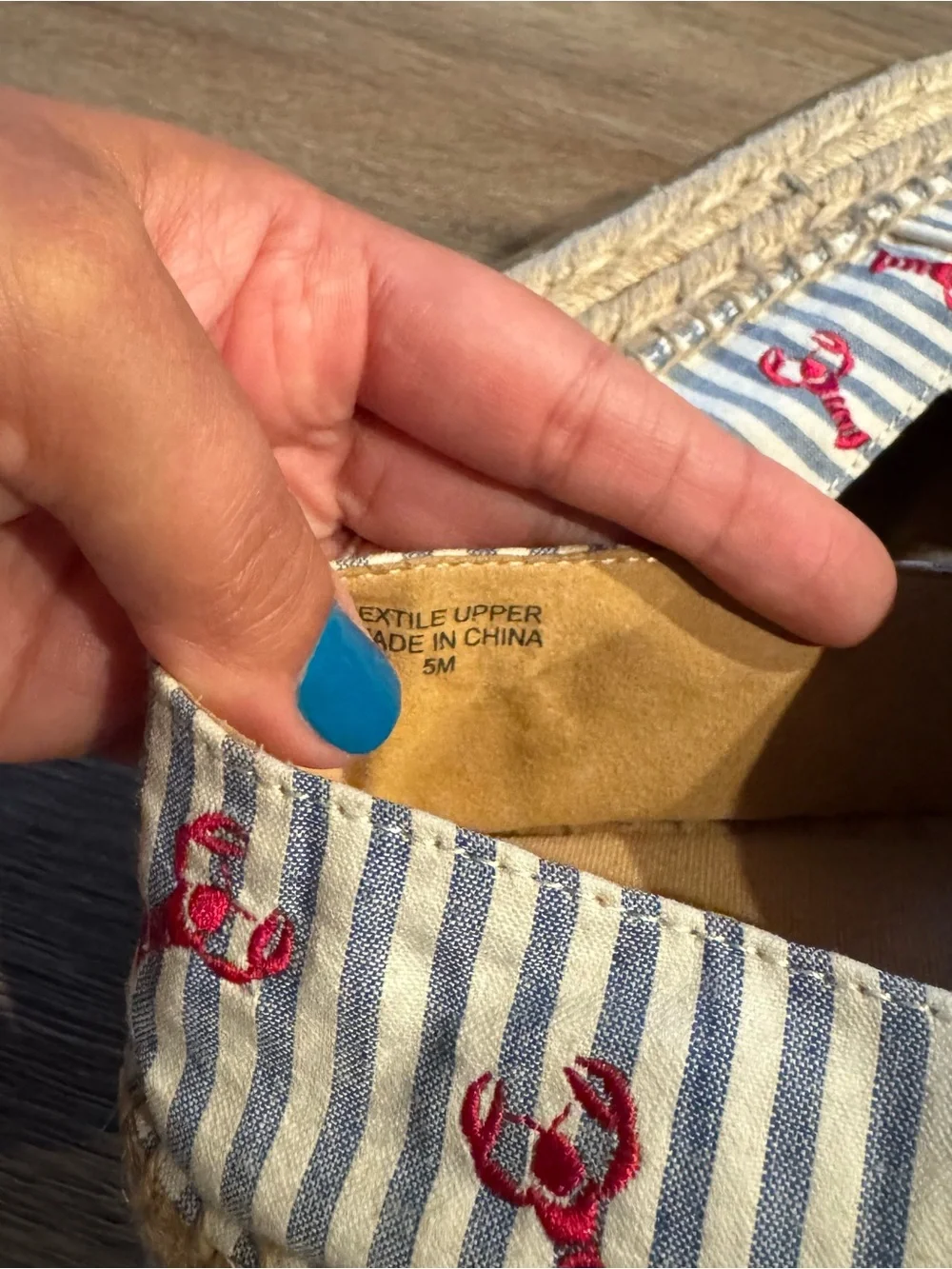 Talbots Blue and White Striped Slip-On Espadrilles with Embroidered Lobsters